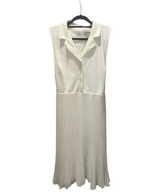Shelby & Palmer Cream Pleated Midi Dress Size 16 | Sleeveless Collared Dress